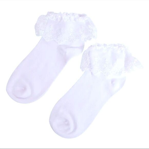 White Cotton Embroidery Lace Ruffle Ankle Socks NEW - Picture 2 of 3